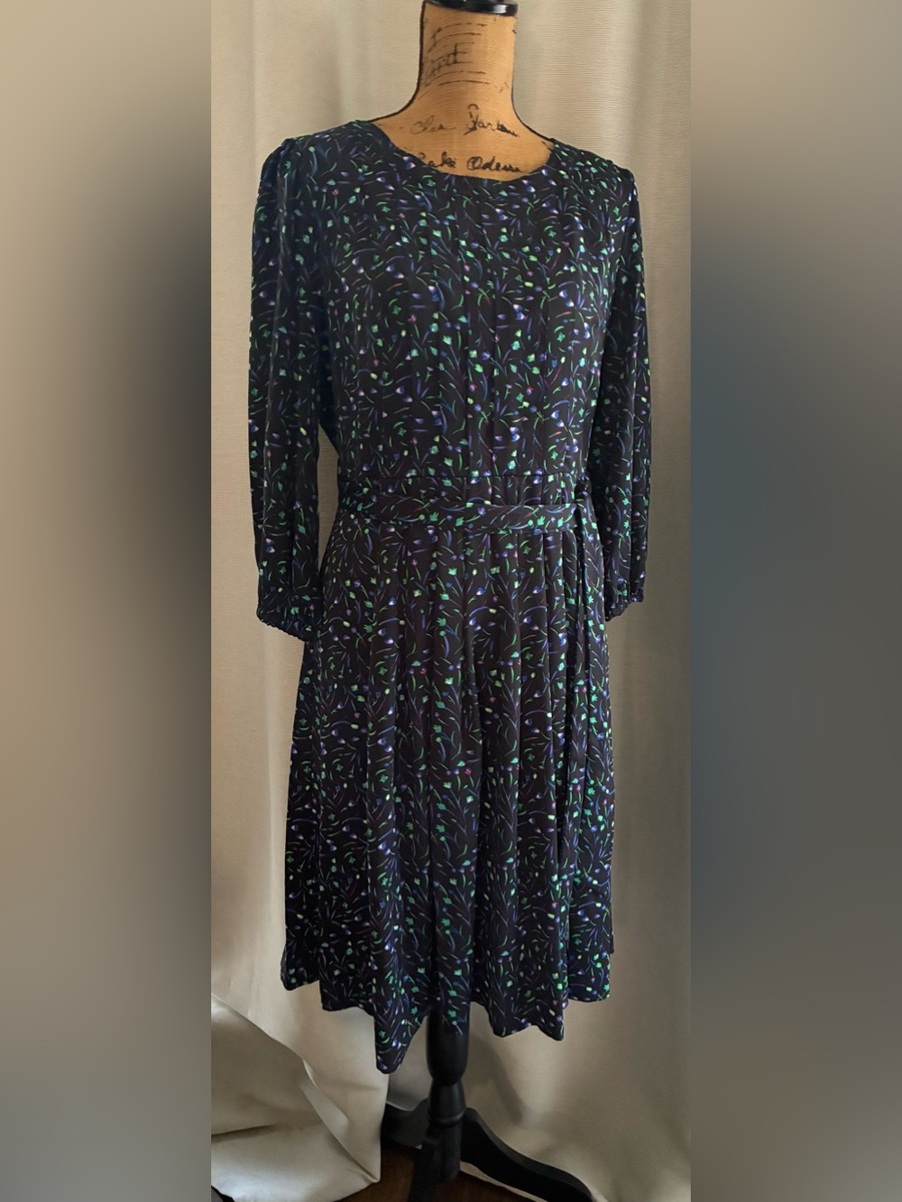 DKNY Navy Long-Sleeve Dress with Green & Blue Leaf Print